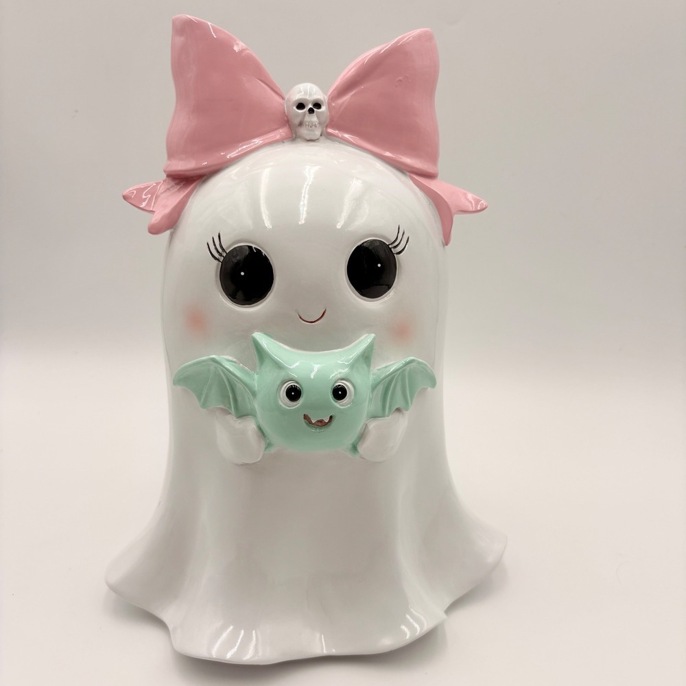 Ghost Girl Figurine Pink Bow Skull Mint Bat Halloween Summerween Decor Pinkoween